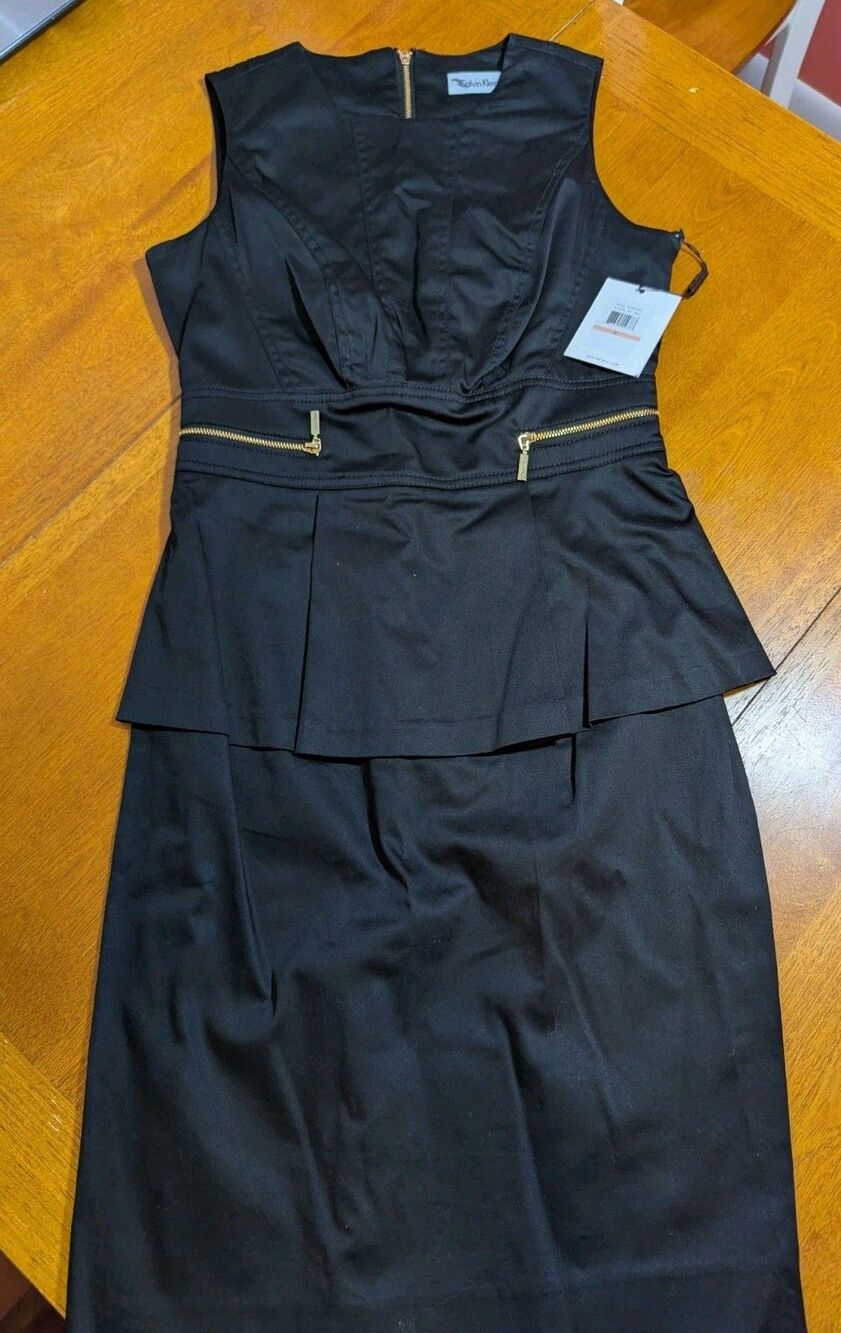 Calvin Klein Black Peplum Sheath Dress Size 2 Gold Zipper Detail Work Cocktail